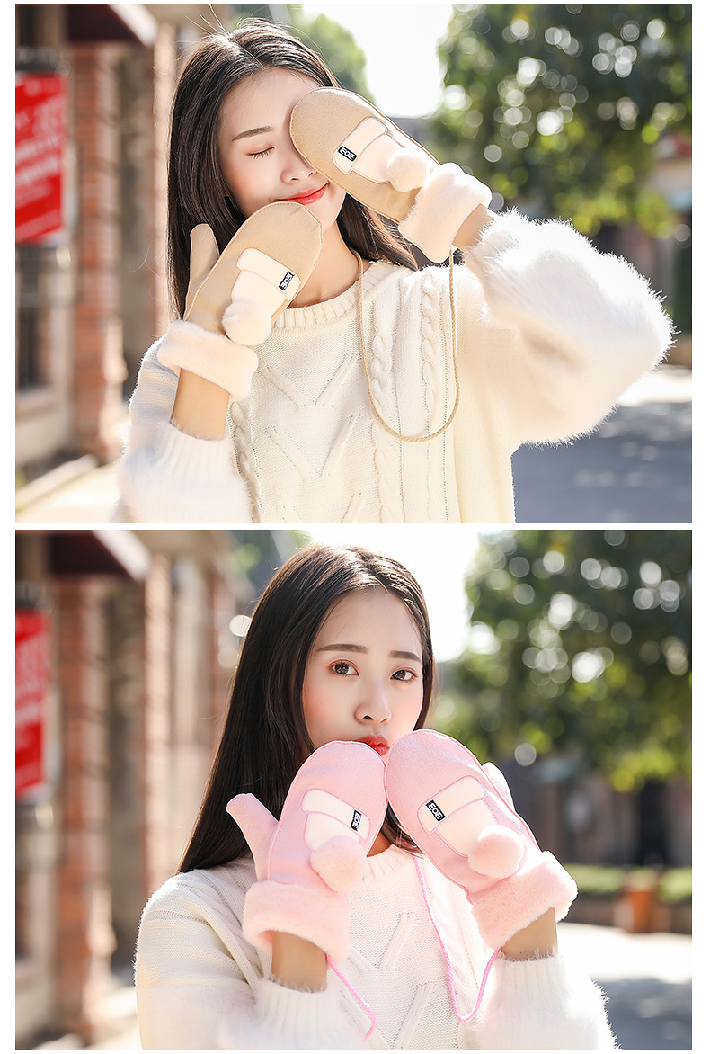 Wholesale of 2020 new Korean-style fashionable plush cartoon suede gloves and winter pom-pom mitten gloves for women pic 9