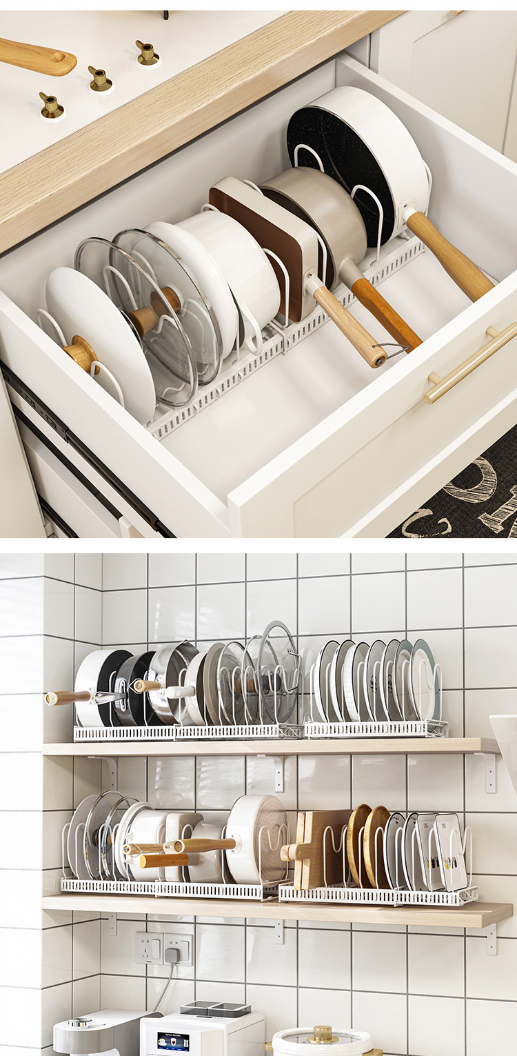 The adjustable kitchen storage rack can store multiple layers of kitchenware, cutting boards, cutting boards, pot LIDS, pot racks and other items. It is a telescopic storage rack pic 36