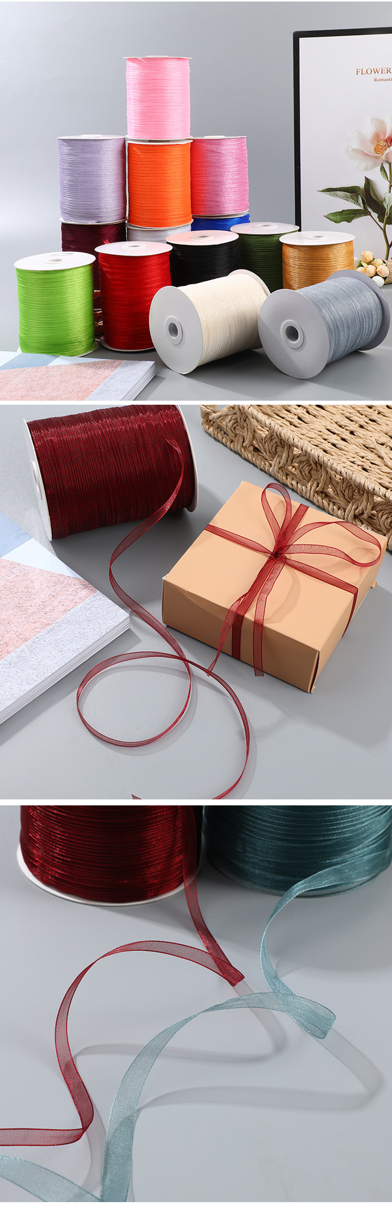 Wholesale 0.6cm snow yarn tape, 500 yards of flower packaging webbing, DIY birthday cake packaging, decoration and auxiliary materials, colorful ribbons pic 10