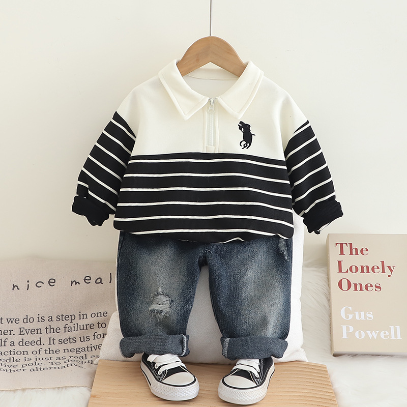 Niño niño guardarropa niño primavera otoño 2025 niño niño rayas polo manga larga jeans traje de moda fábrica pic 3
