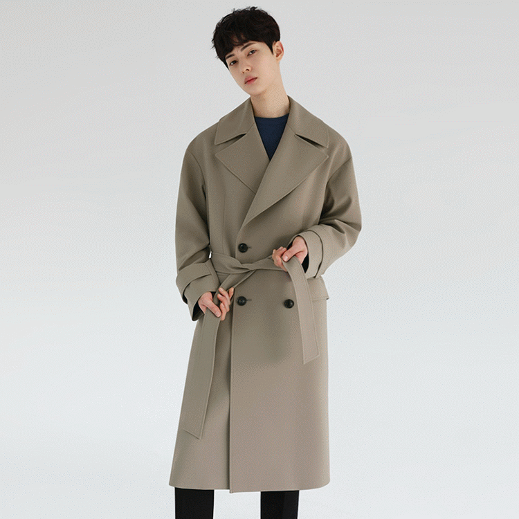 MYQ秋季韩版宽松纯色翻领男士中长款风衣卡其色披风轻熟外套男详情2