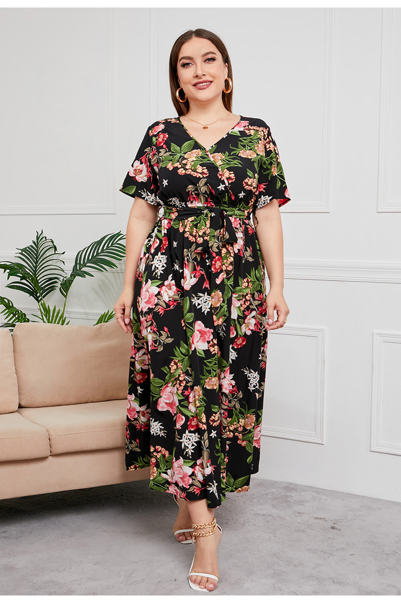 2024 Cross-border new French-style elegant plus-size dress with a V-neck, short sleeve and cinched waist, featuring a simple floral design pic 20