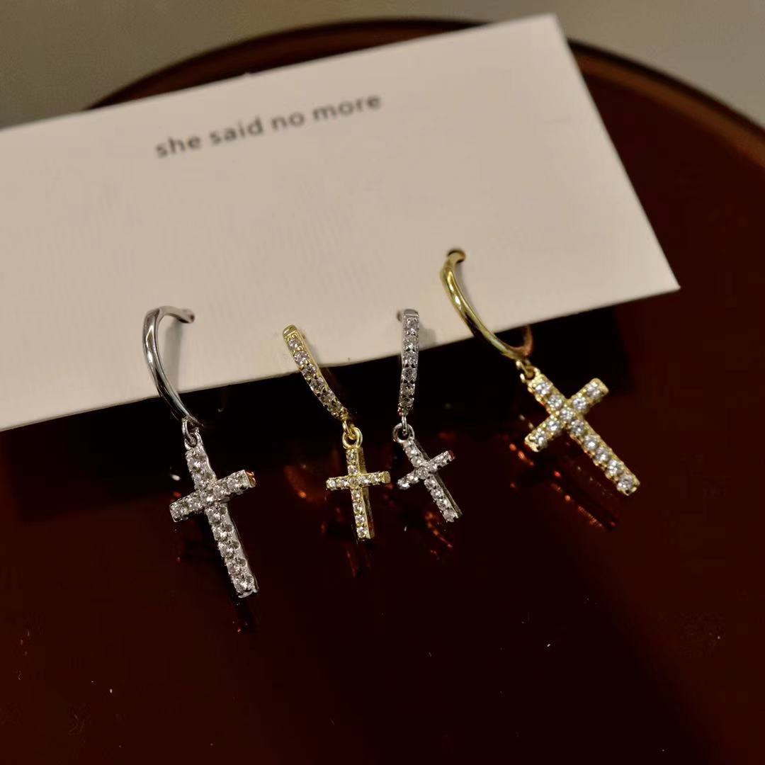 925 sterling silver earrings, personalized cross-shaped micro-inlaid zircon small ear rings, simple ear buckles, European and American accessories pic 1