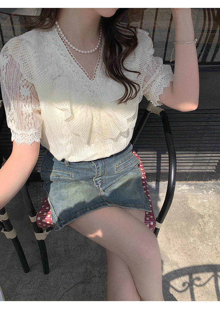 现货2024夏季新款韩版百搭短袖蕾丝衫女上衣夏详情5