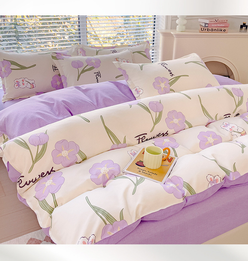 New pure cotton brushed four-piece set, fresh and thick bed sheet and duvet cover, student washed cotton three-piece set bedding pic 3