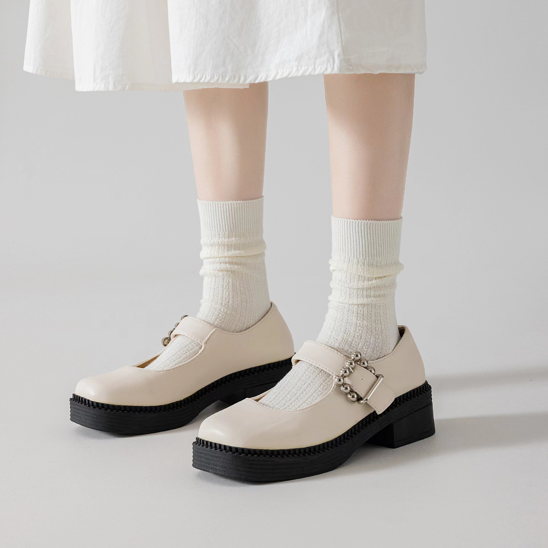 袜子女春夏季奶白色菱格麻花中筒袜日系学院风白色jk袜韩版堆堆袜详情7