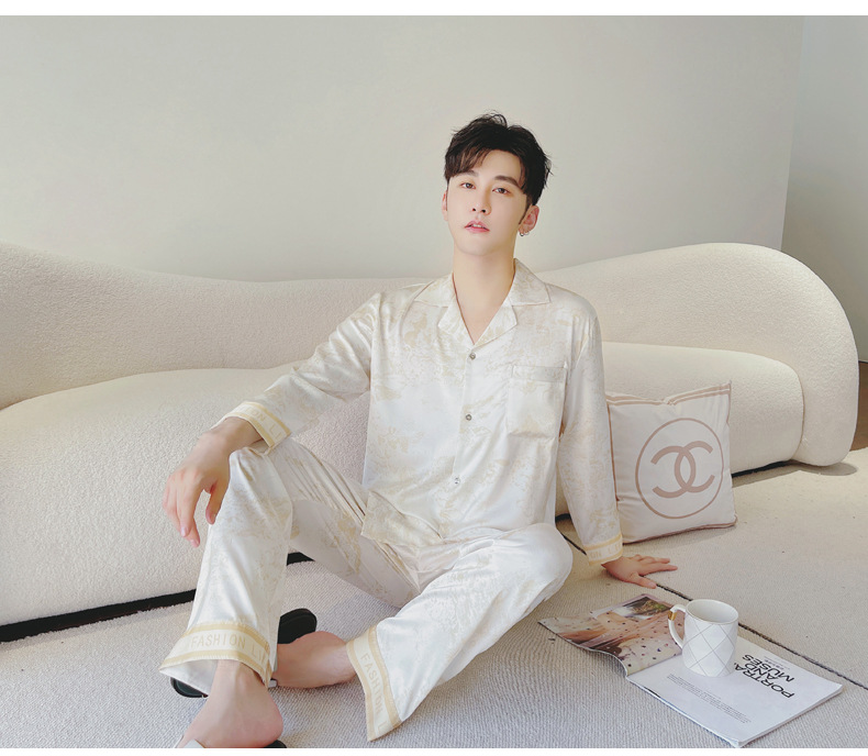 2023春季新款情侣睡衣女印花冰丝长袖长裤套装可外穿男士家居服夏详情15