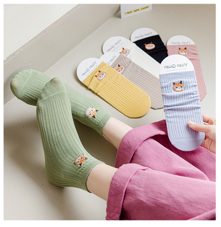 Sock stall, one-piece delivery for autumn and winter, new Japanese-style cute kitten cotton socks for women, double-needle mid-calf socks for women, casual and breathable pile socks, one-piece delivery pic 10