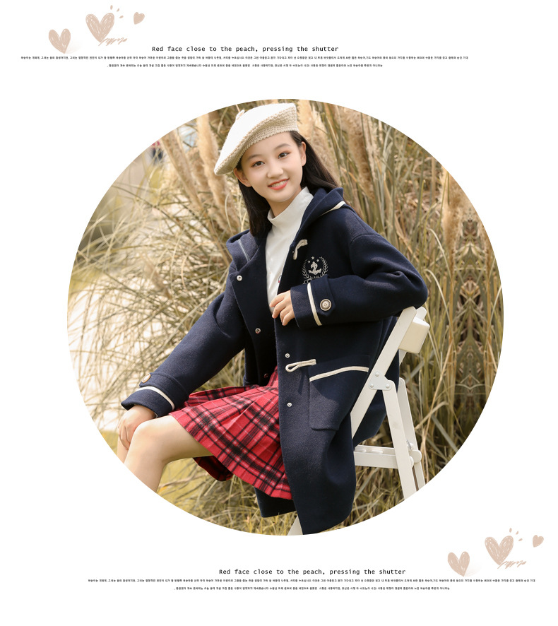 21516 College-style woolen coat 2021 Autumn/Winter new style for junior high school students, winter wear for girls with horn buttons and woolen fabric pic 14