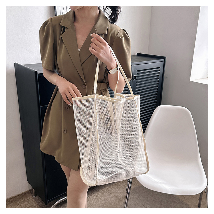 2024夏季新款购物袋纱网透明时尚单肩网纱沙滩包大容量网眼托特包详情54