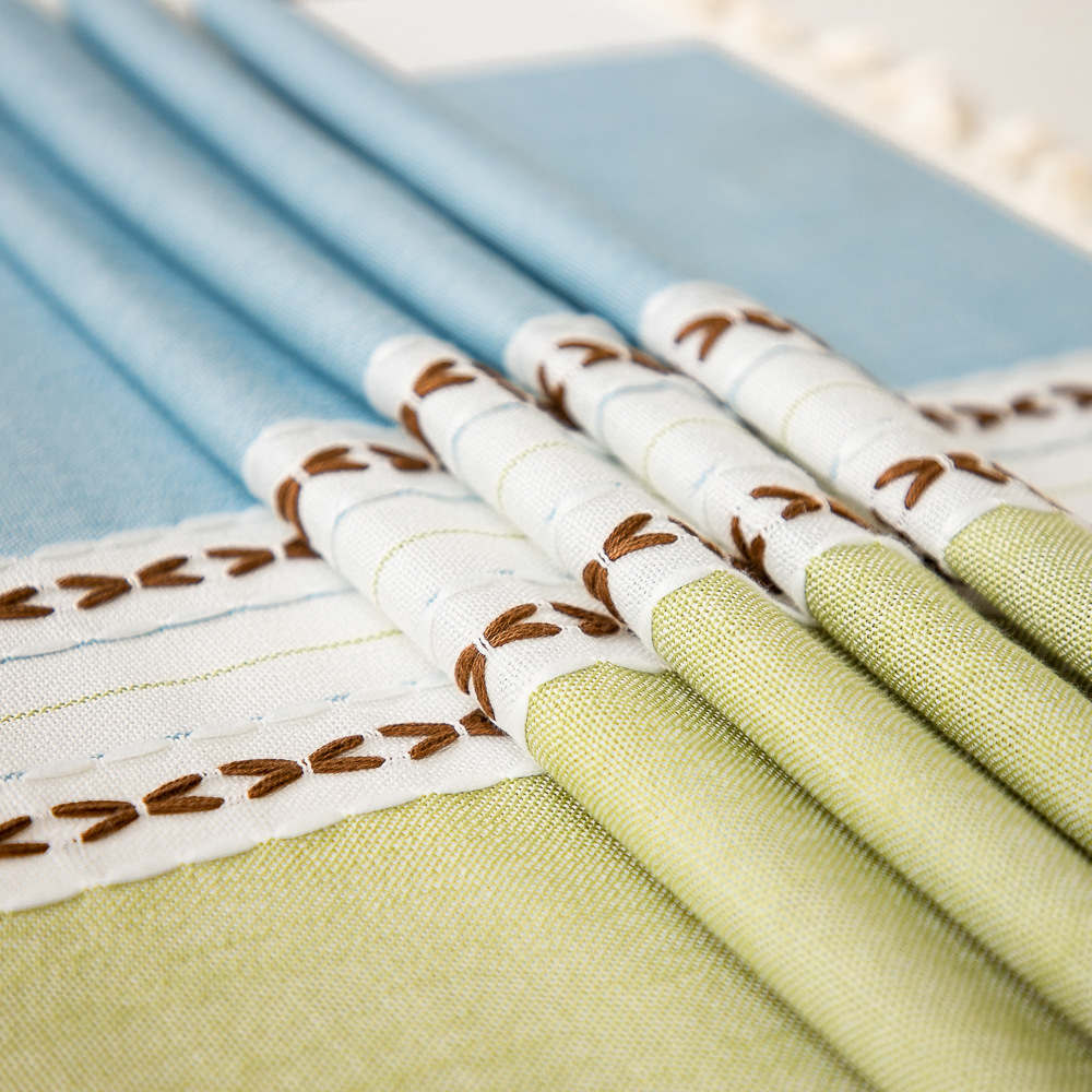 Cross-border Japanese color-blocking and color-blocking embroidered tassel tablecloths, kitchen, dining room, party, family table cover decoration, cotton and linen pic 6