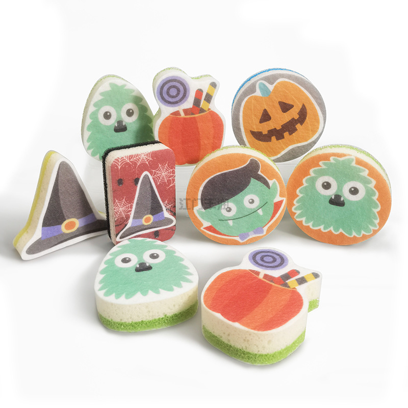 Non-woven fabric printed pattern composite cartoon shape kitchen cleaning sponge, scouring pad block, Christmas dish washing sponge pic 6