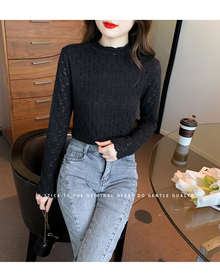 A stylish and youthful 2023 autumn collection, paired with a semi-high-neck top, long-sleeved small stand-up collar, and a youthful lace base layer for women pic 31