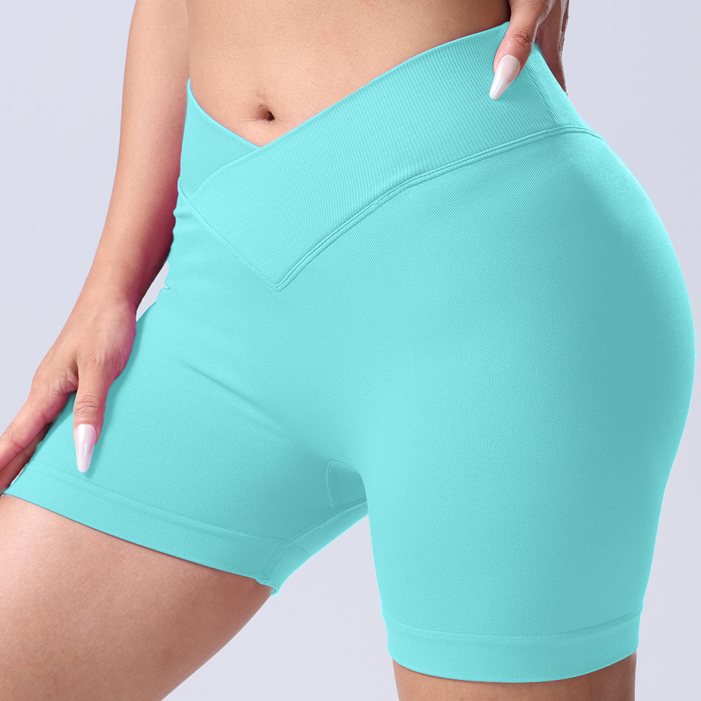 跨境无缝针织交叉腰短裤蜜桃提臀运动速干透气短裤三分裤瑜伽裤详情24