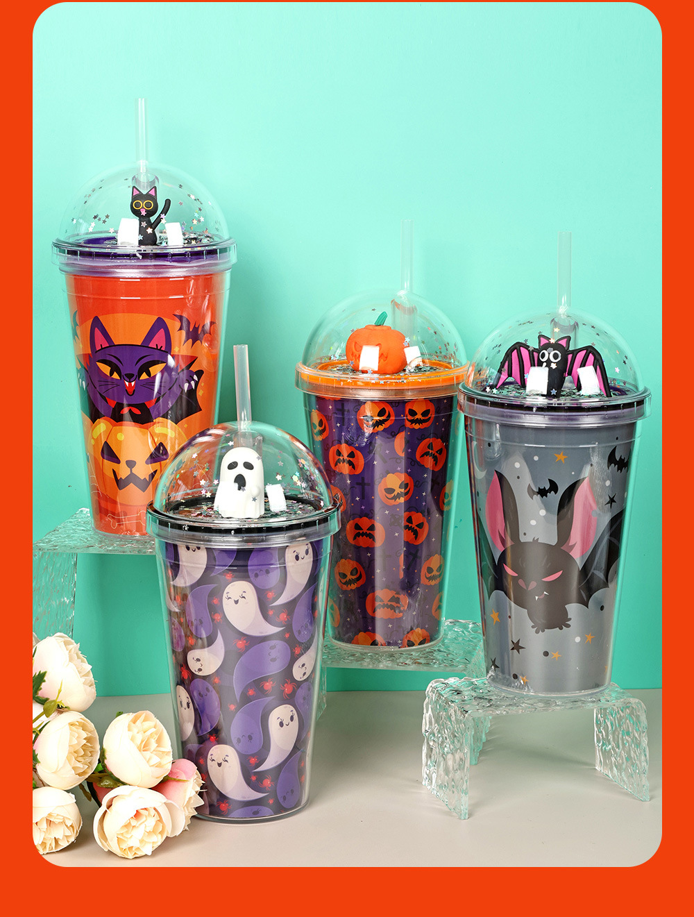 30013 450ml Halloween Micro-Landscape Cartoon Sequin Water Cup Double-layer Plastic Straw Cup Summer Ice Cup pic 21