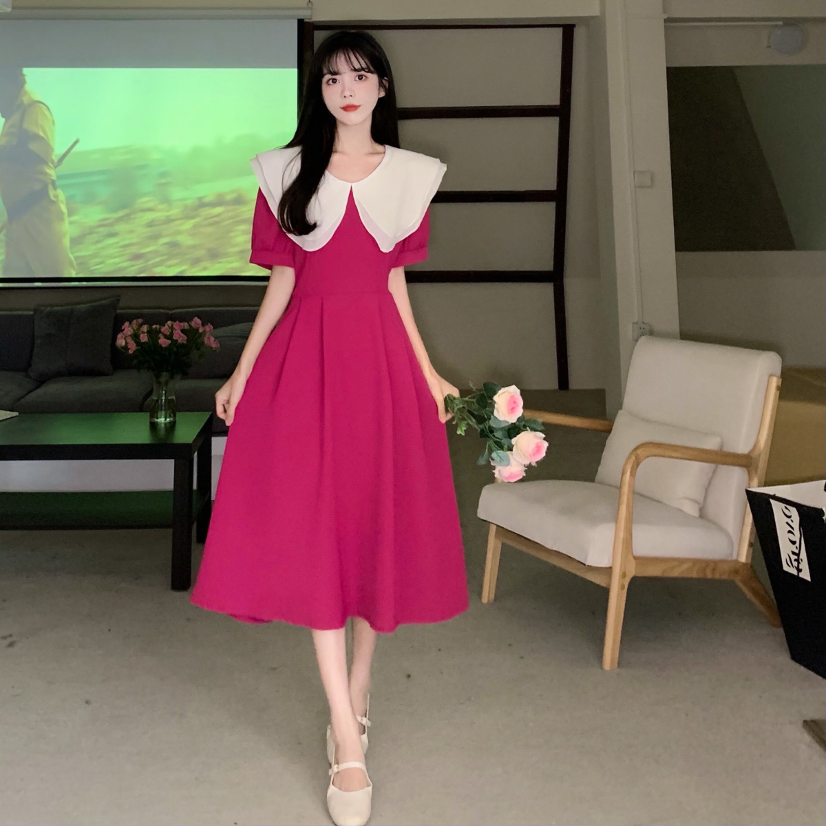 胖MM大码夏新款文艺复古小清新法式荷叶领收腰系带连衣裙短袖显瘦详情11