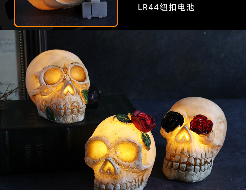 跨境新款万圣节发光树脂骷髅头LED恐怖骷髅装扮道具万圣节装饰品详情9