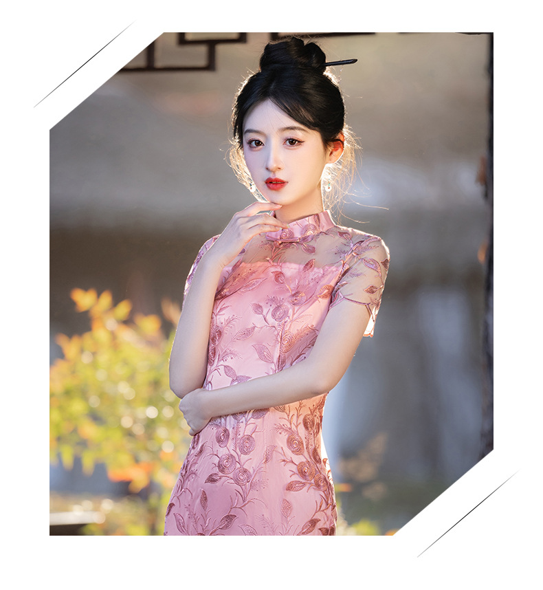 国潮夏季新款改良国风旗袍时尚刺绣中长款粉色年轻款连衣裙裙子详情1