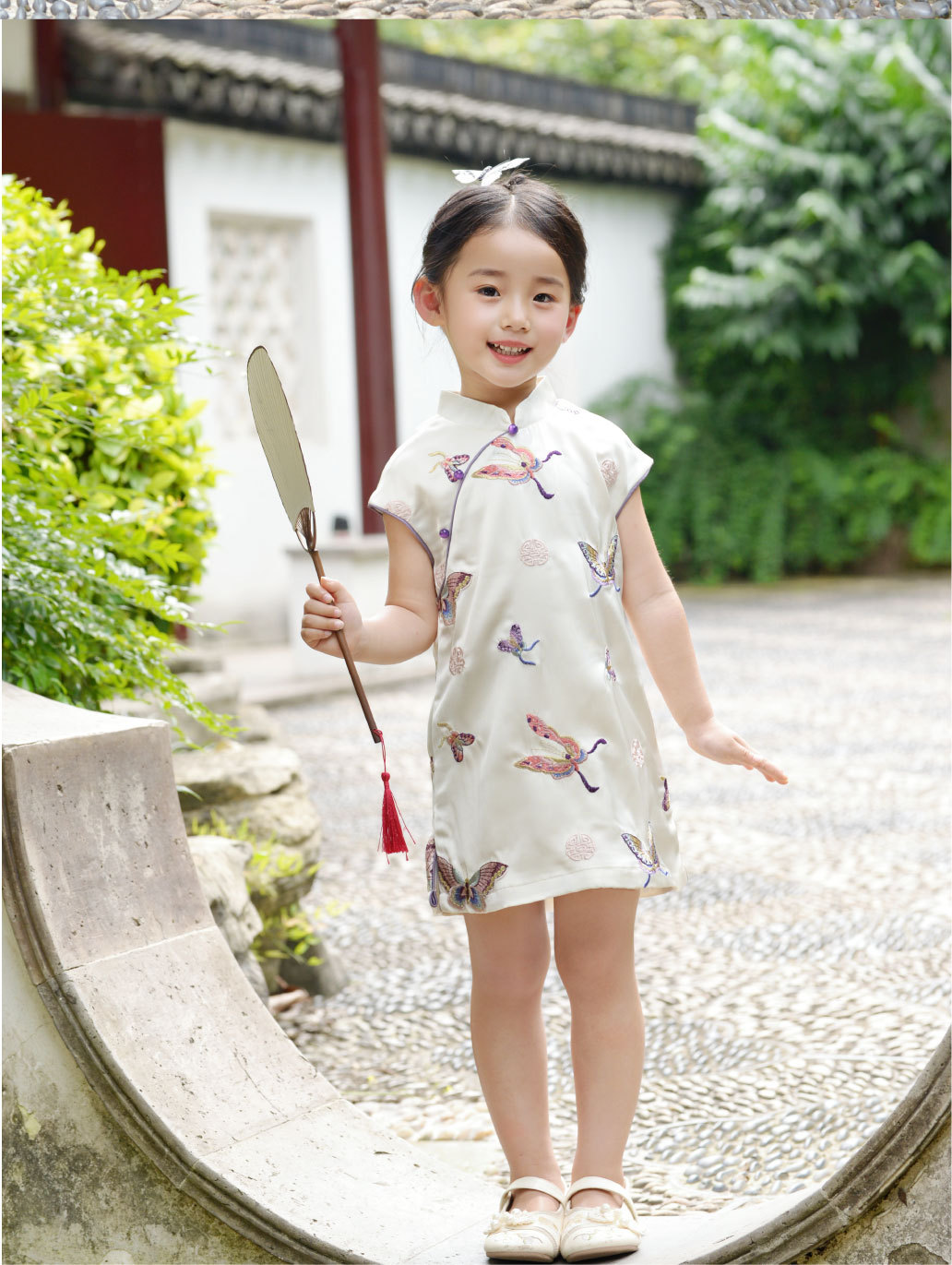 国潮女童夏款无袖旗袍裙中国风童旗袍蝴蝶飞飞唐装汉服童装详情5