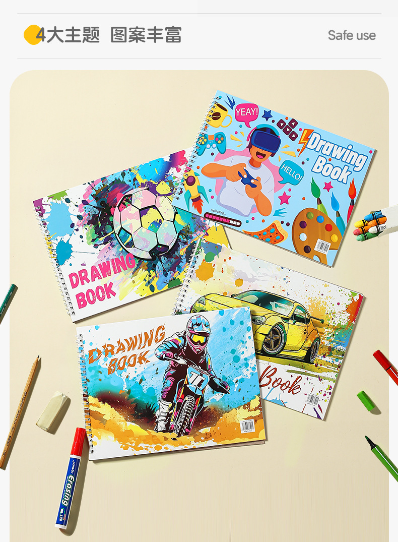 儿童卡通画本空白活页速写本跨境现货批发A4原浆纸加厚线圈素描本详情9