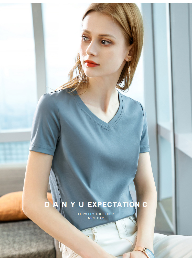 冰感丝光棉短袖t恤女2024新款女装气质v领纯棉体恤纯色高级感上衣详情28