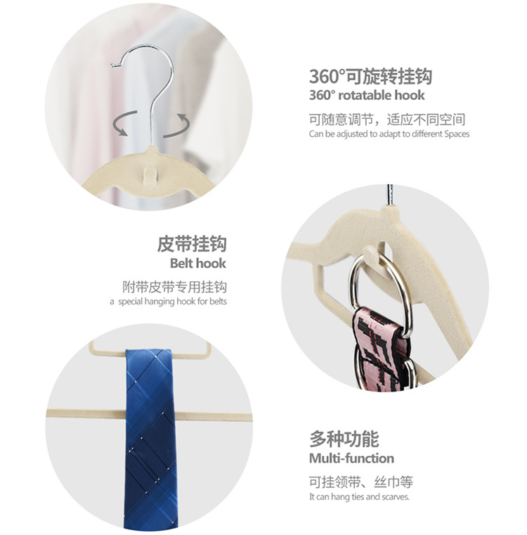 厂家批发家用多功能带挂钩植绒衣架加粗款无痕防滑天鹅绒衣服架子详情2