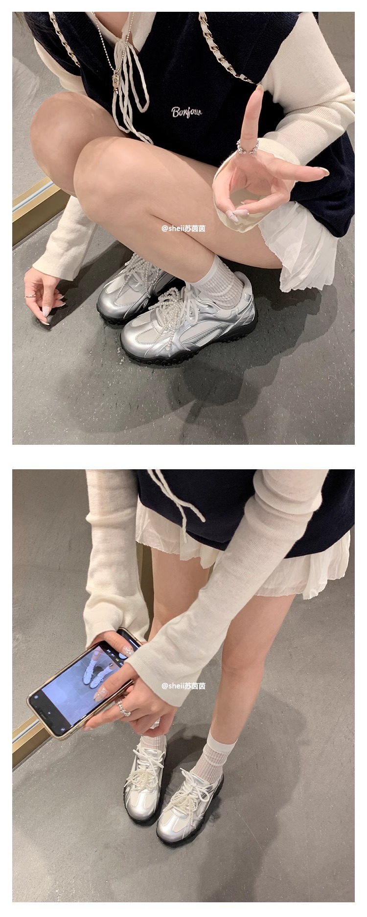 苏茵茵月牙底运动鞋蕾丝珍珠鸳鸯带厚底休闲鞋女德训鞋女小白鞋详情10