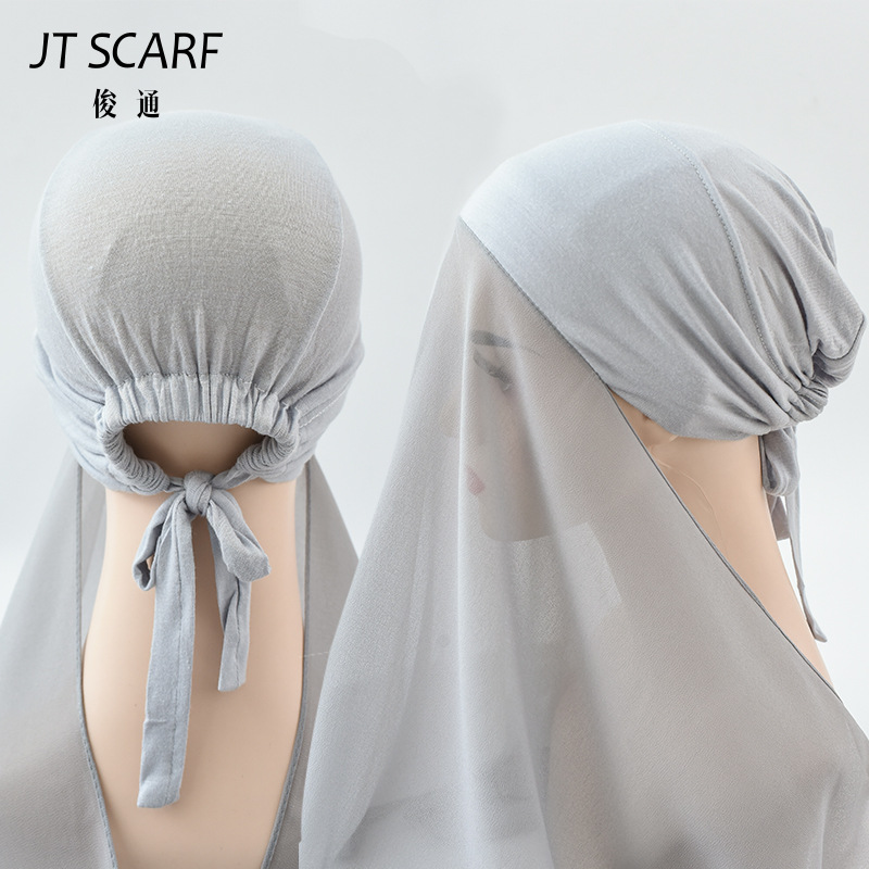 26色纯色人棉小帽加人棉长巾套装 丝光棉头巾一体套搭配详情8