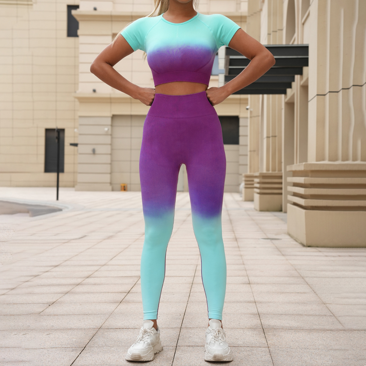 跨境渐变无缝瑜伽服套装女速干运动健身服上衣短袖蜜桃臀瑜伽长裤详情23