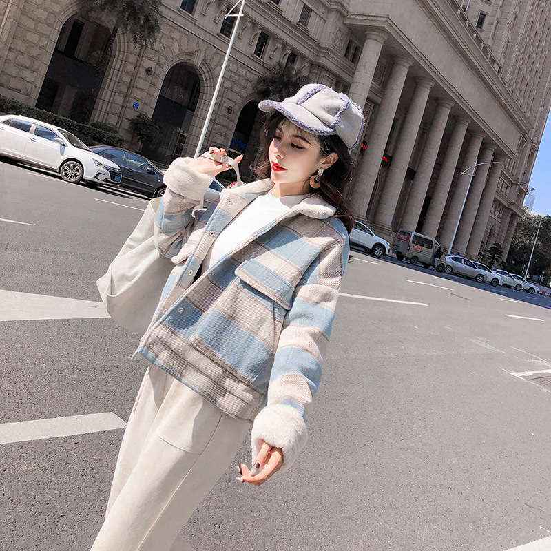 New loose checkered thickened windbreaker, short and versatile woolen coat for petite people pic 18