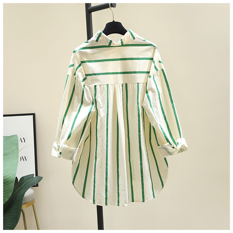 棉2024春秋新款韩版小清新百搭开衫条纹印花单口袋宽松长袖衬衫女详情13