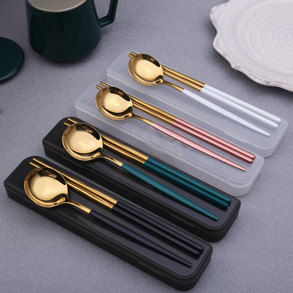 A set of stainless steel gold-plated Portuguese spoons, forks and chopsticks for student and adult outdoor portable tableware as a gift pic 16