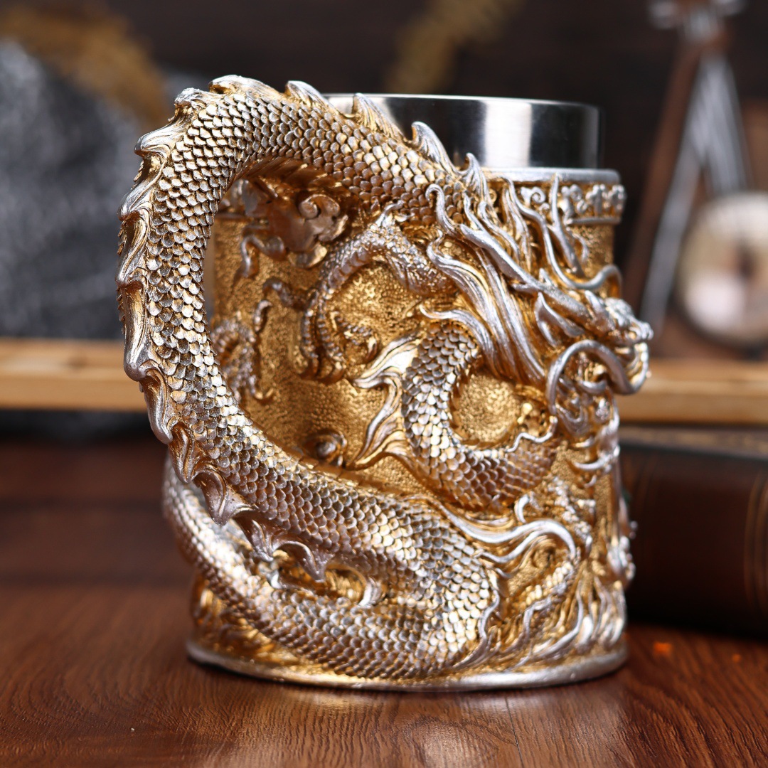 Divine Oriental Golden Dragon Cup, creative wine glass, dragon sculpture, Holy Cup, coffee cup, retro decorative mug pic 13