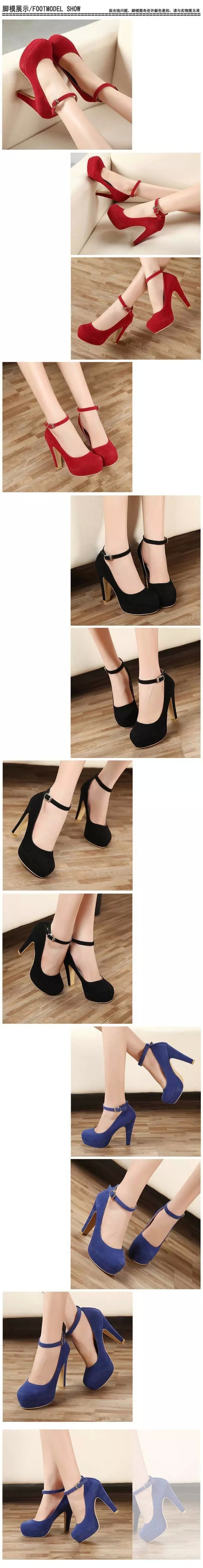 2022粗跟浅口女式工作鞋子新款黑色圆头高跟鞋 纯色搭扣绒面女鞋详情2