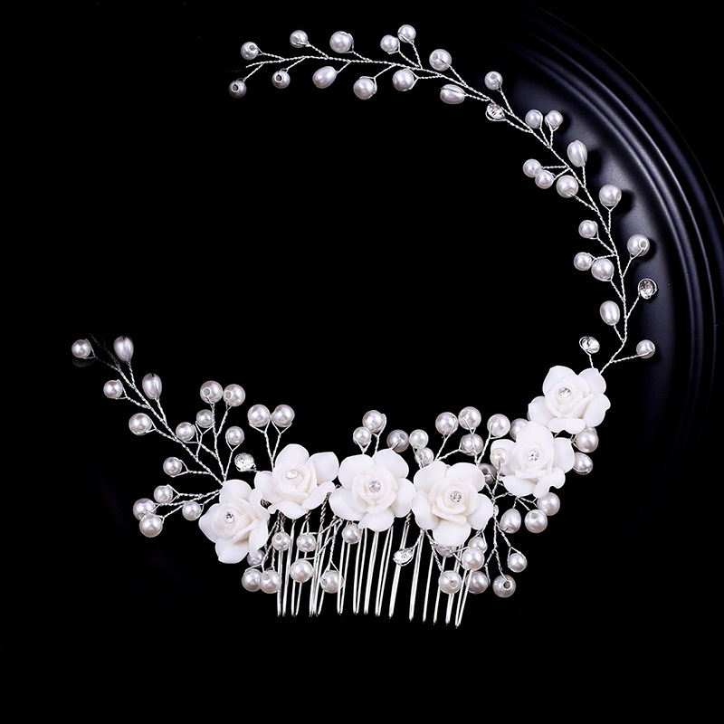European and American exquisite handcrafted ceramic rose bouquets, bridal hair accessories, fresh and delicate pearl bridal wedding dress accessories pic 14