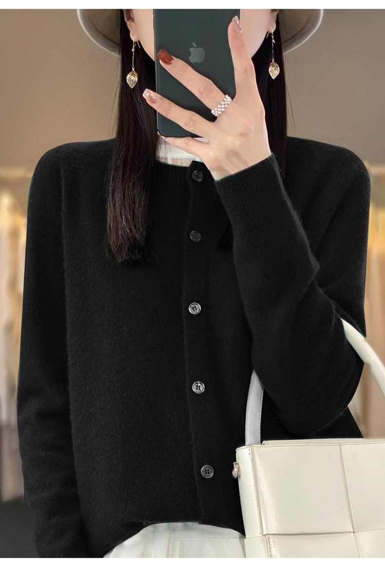 爆款批发秋冬季新款纯羊毛桂花针开衫宽松大码圆领羊毛衫详情36