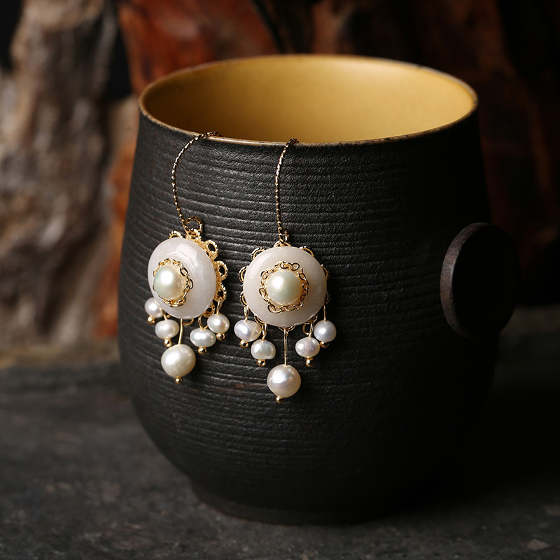 Jade Peace Pendant earrings, 14k gold inlaid, handcrafted natural pearl long tassel earrings, elegant and versatile earrings for women pic 4