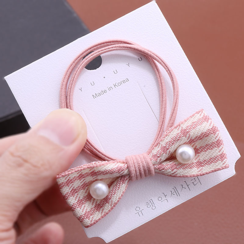 Korean-style pearl fabric checkered bow hair band leather band fresh leather band macaron fresh hair band head accessory pic 6
