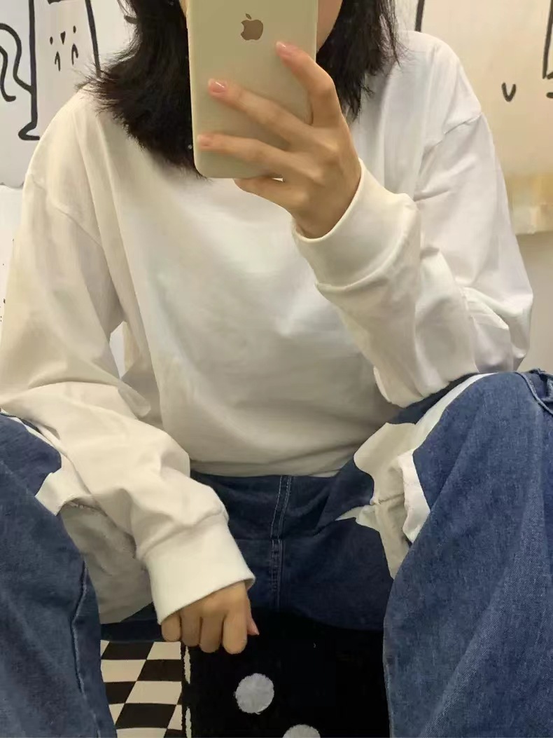 重磅长袖t恤女纯棉厚实宽松纯色白色春秋卫衣日系圆领打底衫代发详情4
