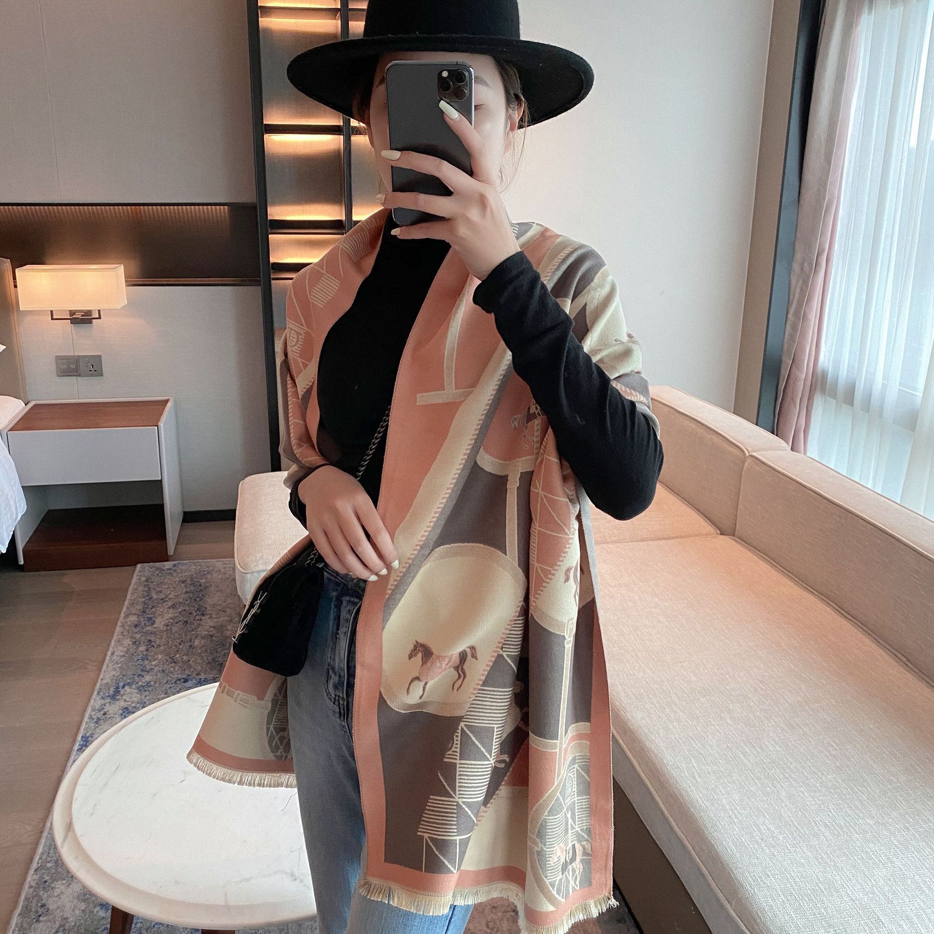 Elegant autumn and winter warmth, short beard tassel, travel outer scarf, imitation cashmere socialite scarf, versatile for women, horse in stock pic 11