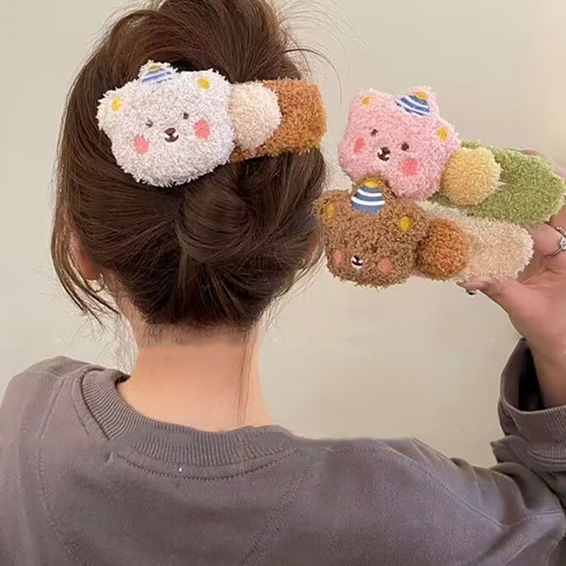韩国秋冬毛绒布丁熊可爱鸭嘴夹大号发夹新款后脑勺盘发发卡头饰女详情2