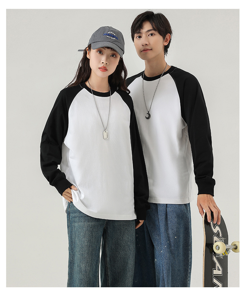 A 250-gram pure cotton off-the-shoulder threaded cuff round-neck long-sleeved T-shirt for women, featuring a loose, color-blocked base layer pic 15