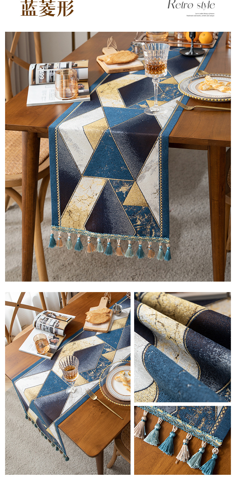Cool Happiness American retro style, fashionable, simple, elegant and high-end, long tablecloth, colored jacquard, high-end, tassel, home coffee table, tea flag, high-end chest of drawers, table flag pic 25