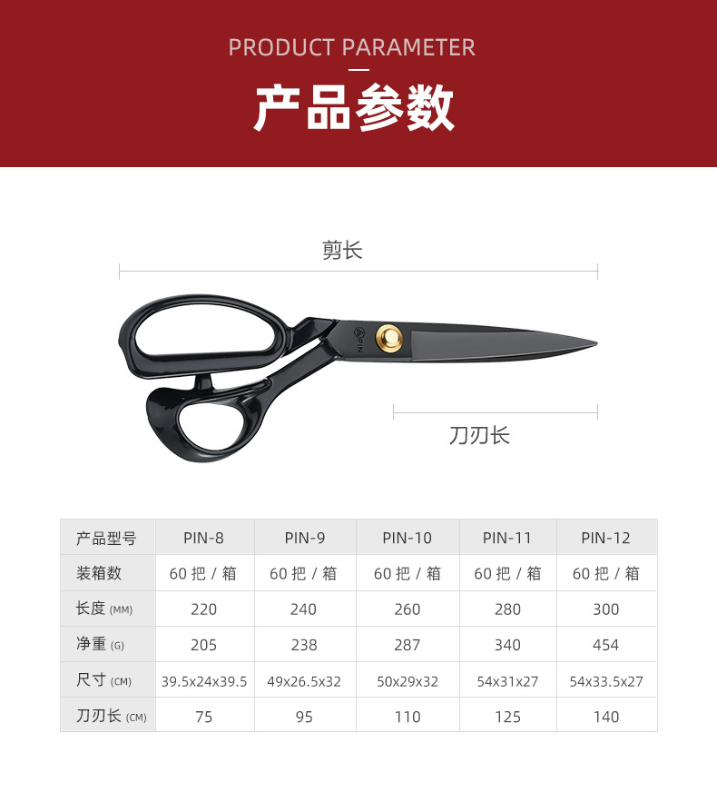 PIN字牌剪刀  锻打压槽裁缝剪  服装大剪刀9寸10寸锰钢缝纫剪刀详情3