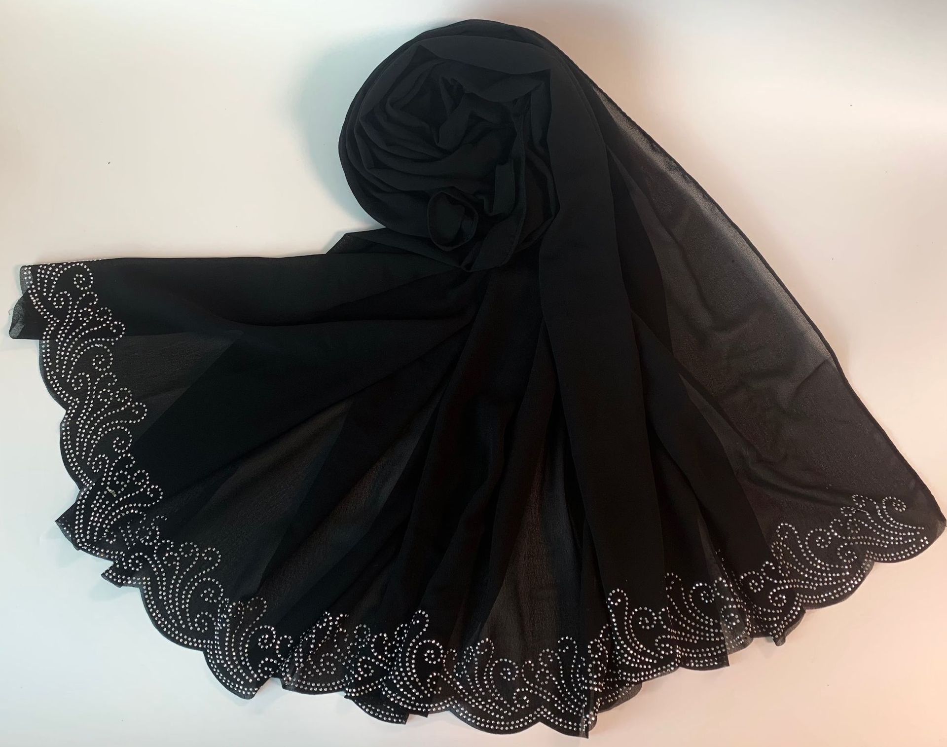 花边烫钻纯色雪纺盖头纱巾珍珠穆斯林女长巾新款详情5