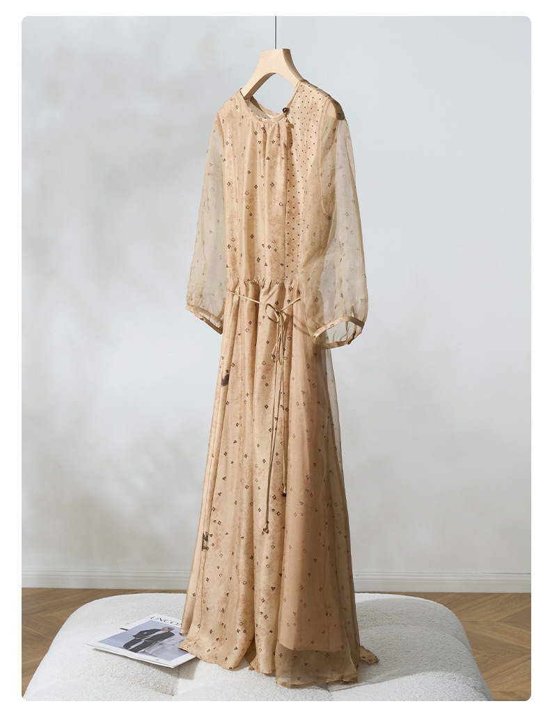 荣太设计师定染黑桃印花真丝连衣裙女拼接欧根纱桑蚕丝裙子系带详情32