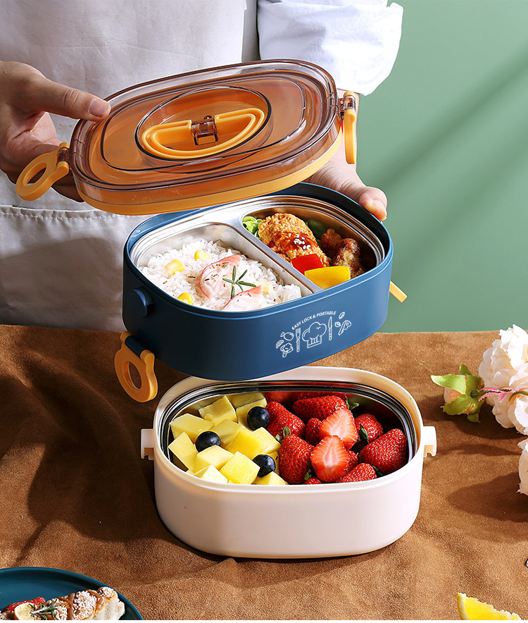 INS网红椭圆双层不锈钢饭盒 学生便当盒便携成人食堂办公保温餐盒详情15