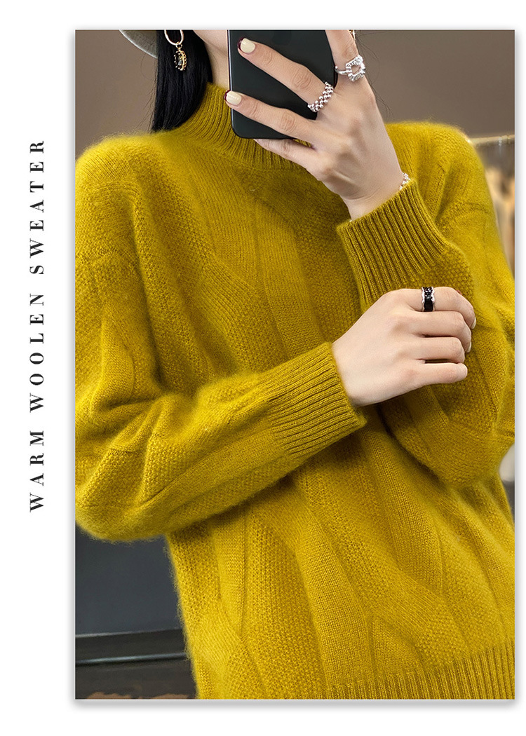 2024 New style 100 wool sweater for women, semi-high neck, thickened with twist, solid color, simple sweater, loose and slimming knitted sweater pic 26
