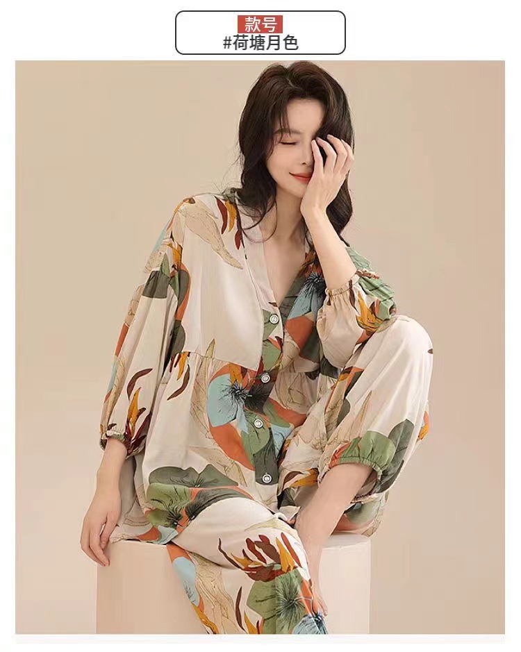 春夏新款棉绸睡衣套装女士七分袖大码宽松空调服家居服两件套详情10
