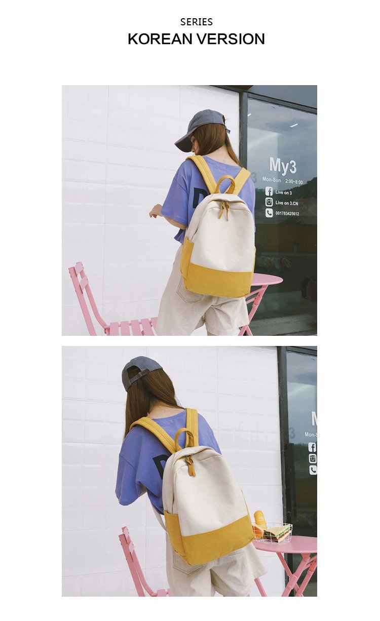 Factory wholesale of college-style, fresh, artistic, simple and versatile canvas backpacks, color-matched schoolbags for middle school best friends pic 2